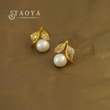 Zircon Leaf Pearl Earrings for Women