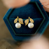 Zircon Leaf Pearl Earrings for Women