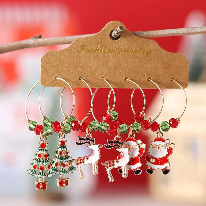 Red Green Crystal Beads Christmas Deer Dangle Earrings