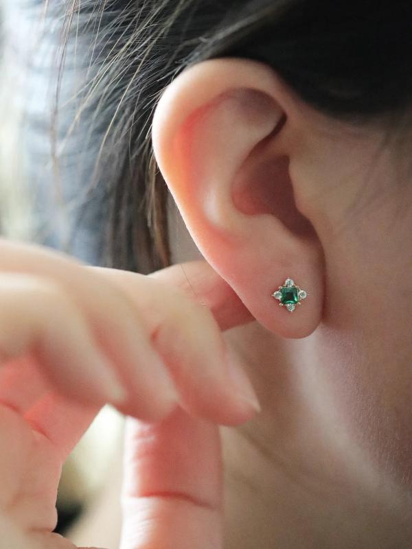 925 Silver Emerald Zircon Stud Earrings 14k Plated Women Screw Piercing