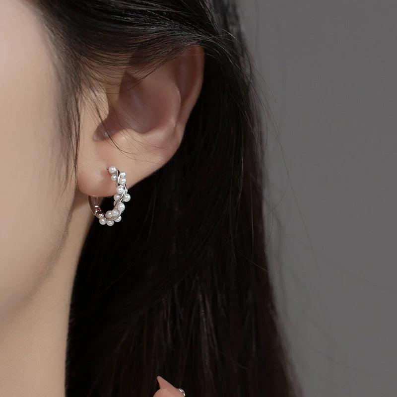 925 Silver Charm Pearl Hoop Earrings for Women Wedding