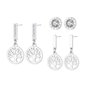 3Pcs Rhinestone Stainless Steel Tree Plant Charm Earrings