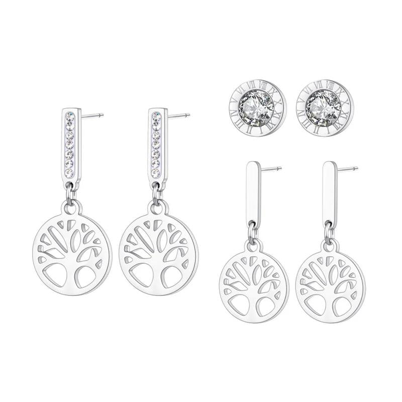 3Pcs Rhinestone Stainless Steel Tree Plant Charm Earrings