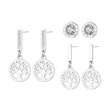 3Pcs Rhinestone Stainless Steel Tree Plant Charm Earrings