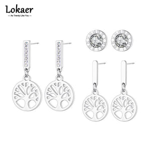 3Pcs Rhinestone Stainless Steel Tree Plant Charm Earrings