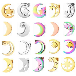 Moon Star Stainless Steel Earrings Set 12 Pairs Lot Women Piercing Jewelry