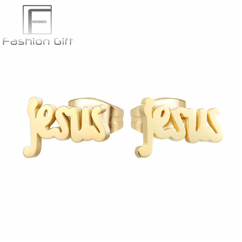 Religious Jesus Letter Stud Earrings Stainless Steel Unisex Couple Set
