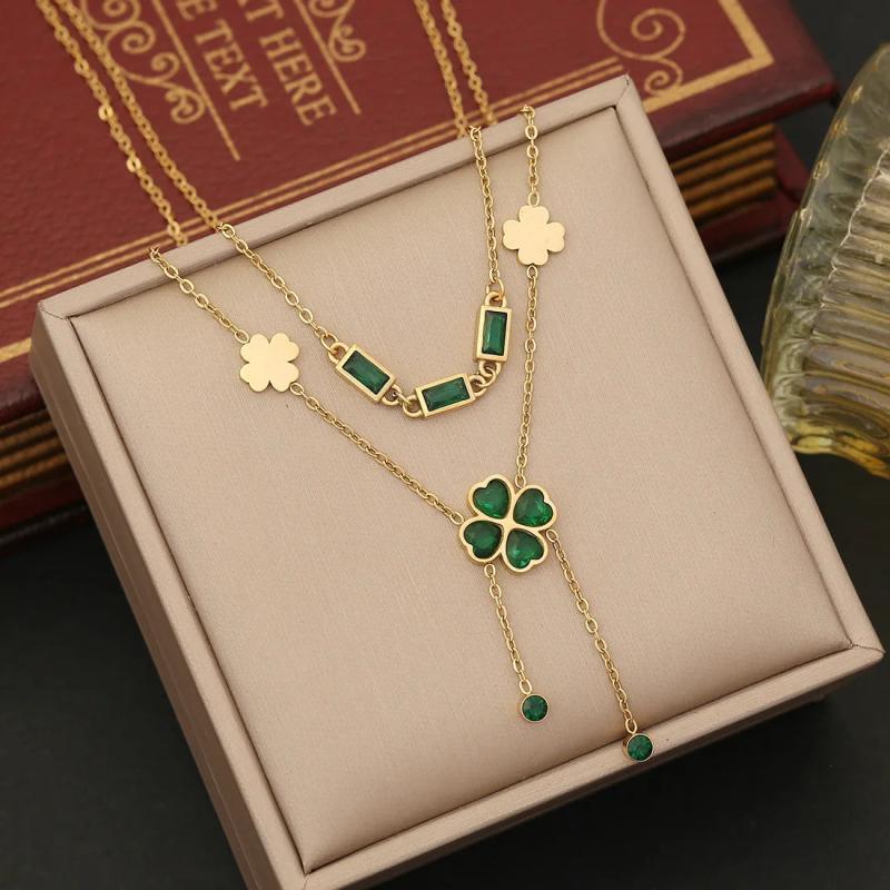 316L Stainless Steel Heart Flower Green Stone Jewelry Set