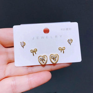 3 Pairs/Set Bowknot Heart Earrings Plated Party Gift Jewelry