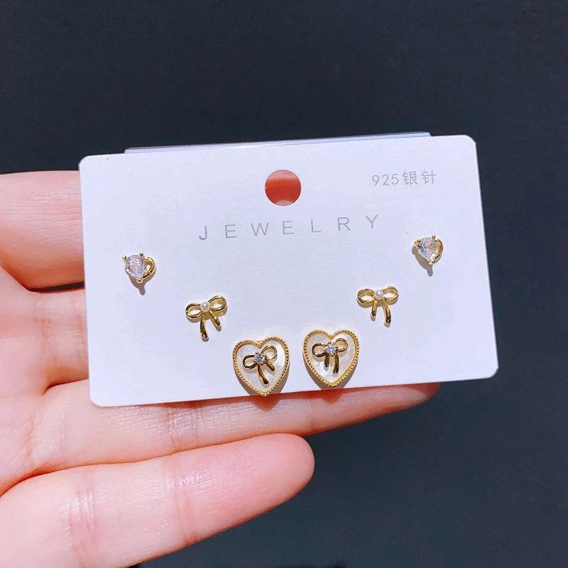 3 Pairs/Set Bowknot Heart Earrings Plated Party Gift Jewelry