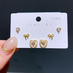 3 Pairs/Set Bowknot Heart Earrings Plated Party Gift Jewelry
