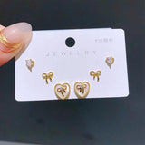 3 Pairs/Set Bowknot Heart Earrings Plated Party Gift Jewelry