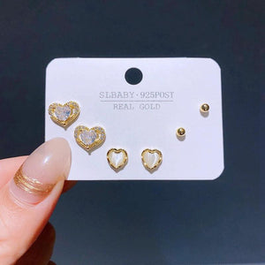 3 Pairs Cubic Zircon Crystal Stud Earrings Gold/Silver Women Jewelry