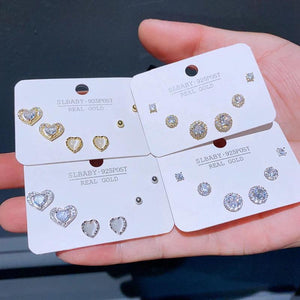 3 Pairs Cubic Zircon Crystal Stud Earrings Gold/Silver Women Jewelry
