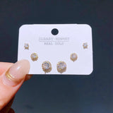 3 Pairs Cubic Zircon Crystal Stud Earrings Gold/Silver Women Jewelry