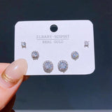 3 Pairs Cubic Zircon Crystal Stud Earrings Gold/Silver Women Jewelry