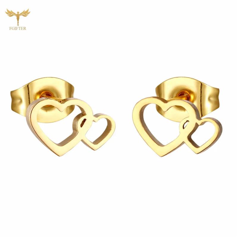 Mother Daughter Love Earrings Set, 2 Hearts Ear Studs, Stainless Steel Earings