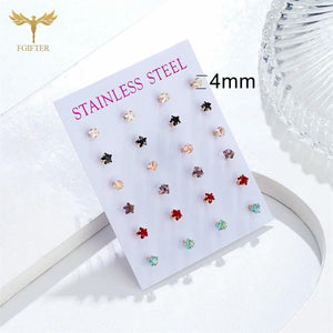 12 Pairs CZ Zircon Earrings Set Crystal Star Golden Stainless Steel Ear Piercing