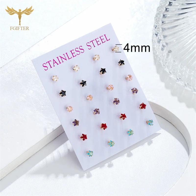 12 Pairs CZ Zircon Earrings Set Crystal Star Golden Stainless Steel Ear Piercing