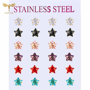 12 Pairs CZ Zircon Earrings Set Crystal Star Golden Stainless Steel Ear Piercing
