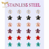 12 Pairs CZ Zircon Earrings Set Crystal Star Golden Stainless Steel Ear Piercing