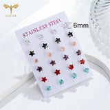 12 Pairs CZ Zircon Earrings Set Crystal Star Golden Stainless Steel Ear Piercing