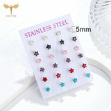 12 Pairs CZ Zircon Earrings Set Crystal Star Golden Stainless Steel Ear Piercing