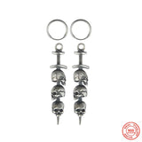 Gothic Sword Piercing Three Skull Earrings 925 Sterling Silver