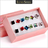 Colorful Cube CZ Earrings Set Silver Stud Earri