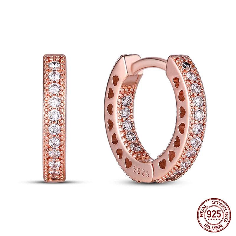 925 Silver Rose Heart CZ Hoop Earrings for Women