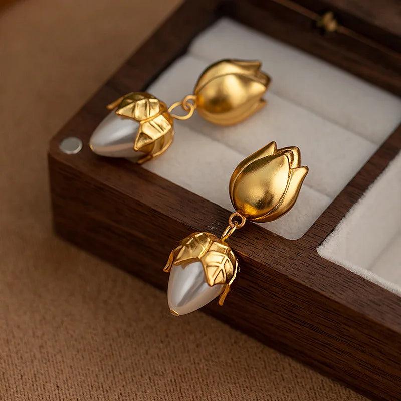 925 Silver Rose Flower Earrings Simulated Pearl Gift
