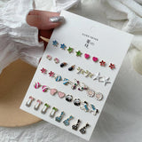 20 Pairs Women Metal Crystal Stud Earrings Set Owl Mermaid Butterfly Brincos