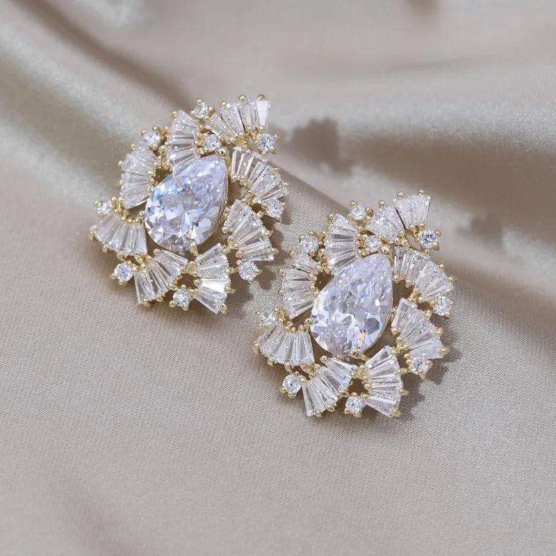 Korea Jewelry 14K Plating Zircon Fan Drop Earrings