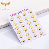 12 Pairs Stainless Steel Stud Earrings Set Flower Branch Leaf Clover Rose