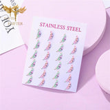12 Pairs Stainless Steel Stud Earrings Set Flower Branch Leaf Clover Rose