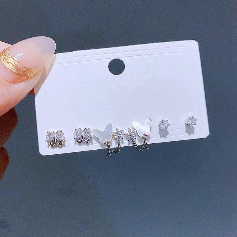 Zircon Crystal Butterfly Stud Earrings Set Silver