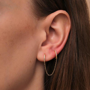 925 Silver Double Circle Hoops Earrings with Zircons Set Chain Tassel