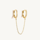 925 Silver Double Circle Hoops Earrings with Zircons Set Chain Tassel