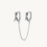 925 Silver Double Circle Hoops Earrings with Zircons Set Chain Tassel