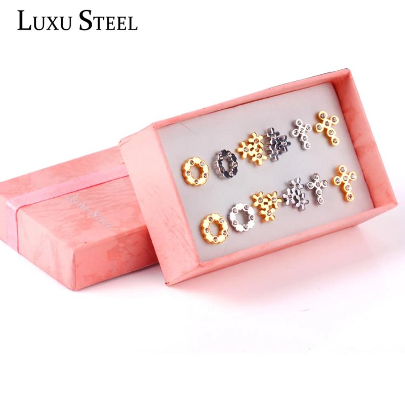 6pairs CZ Earring Sets Stainless Steel Mixed Shapes Stud Earrings