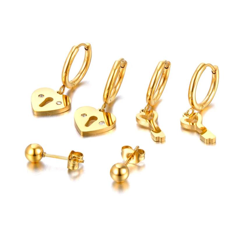 Stainless Steel CZ Crystal Key Lock Earrings Set