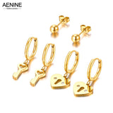 Stainless Steel CZ Crystal Key Lock Earrings Set