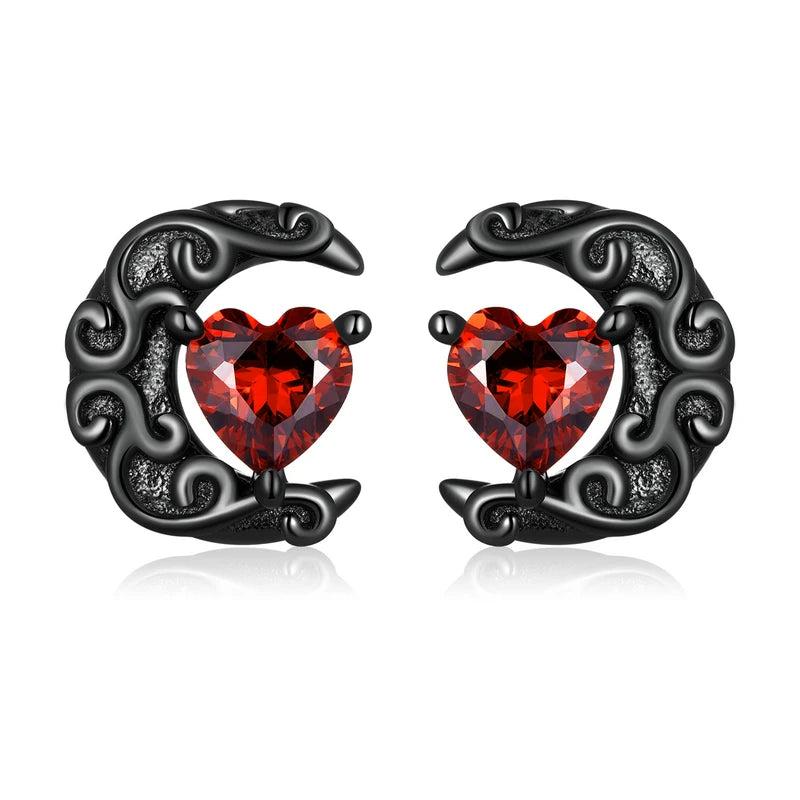 925 Silver Punk Heart Red CZ Stud Earrings Moon Ear Studs