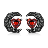 925 Silver Punk Heart Red CZ Stud Earrings Moon Ear Studs