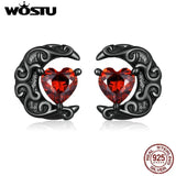 925 Silver Punk Heart Red CZ Stud Earrings Moon Ear Studs