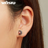 925 Silver Punk Heart Red CZ Stud Earrings Moon Ear Studs