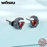 925 Silver Punk Heart Red CZ Stud Earrings Moon Ear Studs