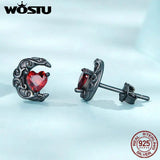 925 Silver Punk Heart Red CZ Stud Earrings Moon Ear Studs