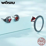 925 Silver Punk Heart Red CZ Stud Earrings Moon Ear Studs