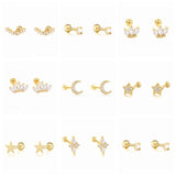 925 Silver Zircon Ear Bone Nail Mini Moon Star Piercing Stud Earrings